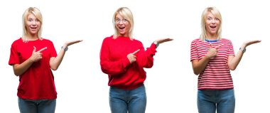 Hayret ve el ile sunulması ve parmak ile işaret ederken kameraya gülümseyen izole arka plan üzerinde rahat kırmızı giyen güzel sarışın kadın kolaj.