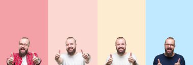 Kolaj üzerinde renkli çizgili izole arka plan onaylama sakallı genç adam bir el ile pozitif jest yapıyor gülümseyen ve başarı için mutlu Yaşasın. Kamera, kazanan jest arıyorsunuz.