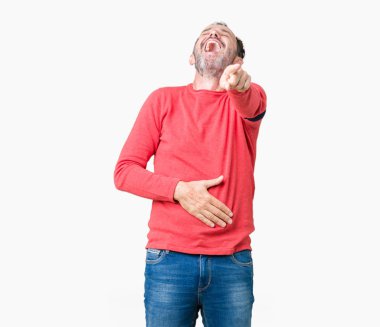 Yakışıklı orta yaş ağarmış komuta sizde giyen kış kazak izole üzerinde arka plan sizin parmak el kamerasıyla göğüs üzerinde utanç ifadesi işaret eden gülme