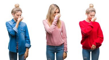 Kolaj izole arka burun ve göz yorgunluğu ve baş ağrısı duygu sürtünme yorgun genç güzel sarışın kadın. Stres ve hayal kırıklığı kavramı.