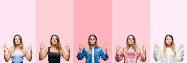 Collage Joven Hermosa Mujer Sobre Fondo Rayas Rosadas Relajarse Sonreír —  Fotos de Stock