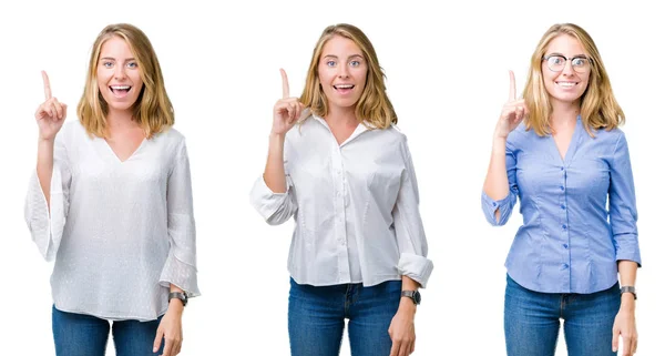 Collage Vackra Blond Affärskvinna Över Vit Isolerade Bakgrund Pekar Finger — Stockfoto