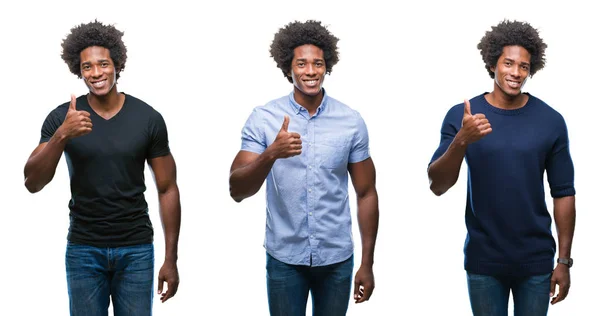 拼贴非洲裔美国年轻人英俊的男子在孤立的背景做快乐的大拇指与手的手势 通过显示成功来批准镜头的表达 — 图库照片