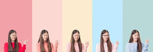 Collage Vacker Asiatisk Kvinna Över Färgglada Ränder Isolerade Bakgrund Med — Stockfoto