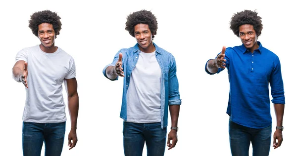 孤立背景下的非洲裔美国年轻无衫男子和商人的拼贴画微笑友好地提供握手作为问候和欢迎 成功的业务 — 图库照片