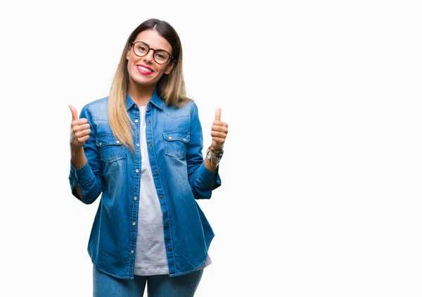 Joven Mujer Hermosa Sobre Uso Gafas Sobre Signo Éxito Fondo —  Fotos de Stock