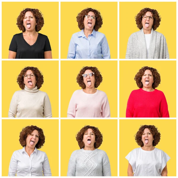 Collage Middle Age Senior Woman Yellow Isolated Background Sticking Tongue — Stock Photo, Image