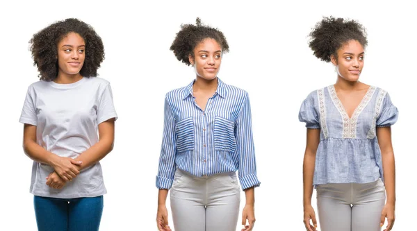 Collage Afroamerikanska Kvinnan Över Isolerade Bakgrund Leende Seende Sidan Och — Stockfoto