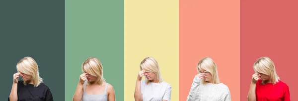Collage Von Schönen Blonden Frau Über Vintage Isoliert Hintergrund Müde — Stockfoto