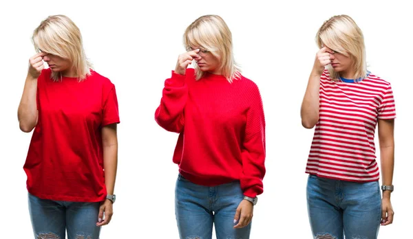 Collage Beautiful Blonde Woman Wearing Casual Red Isolated Background Tired — Stock Photo, Image