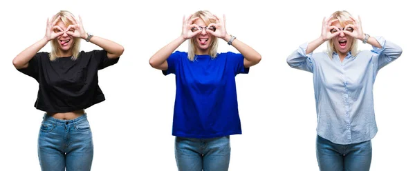 Collage Einer Schönen Blonden Frau Vor Isoliertem Hintergrund Die Eine — Stockfoto