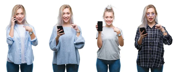 Collage Hermosa Mujer Joven Rubia Usando Teléfono Inteligente Sobre Fondo —  Fotos de Stock