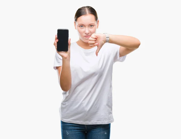 Joven Hermosa Mujer Caucásica Que Muestra Pantalla Del Teléfono Inteligente — Foto de Stock