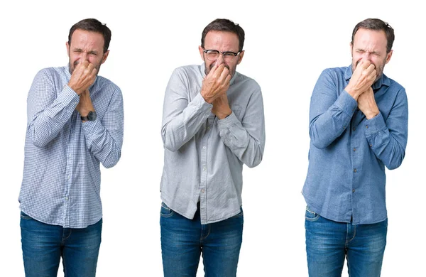 Collage Bellissimo Uomo Affari Anziano Sfondo Bianco Isolato Che Odora — Foto Stock