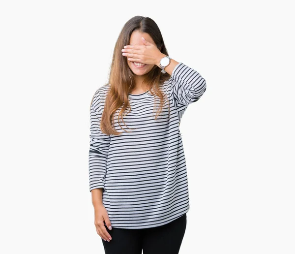 Young Beautiful Brunette Woman Wearing Stripes Sweater Isolated Background Smiling — Stock Photo, Image