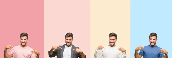Collage Eines Gutaussehenden Jungen Mannes Über Bunten Streifen Isolierten Hintergrund — Stockfoto