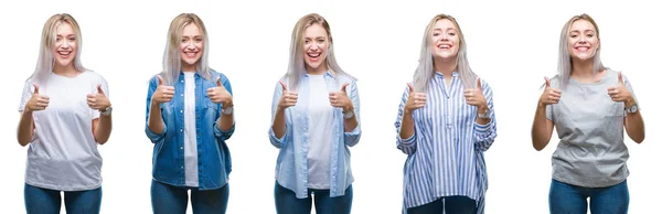 Collage Van Mooie Blonde Jonge Vrouw Geïsoleerde Achtergrond Succes Teken — Stockfoto