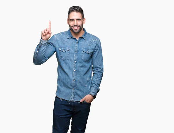 Junger Gutaussehender Mann Über Isoliertem Hintergrund Der Mit Finger Nummer — Stockfoto