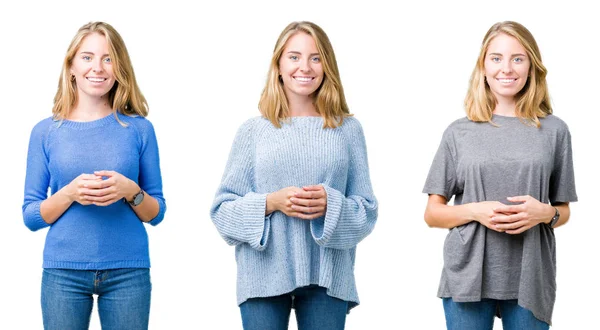 Collage Von Schönen Blonden Frau Über Weißen Isolierten Hintergrund Hände — Stockfoto