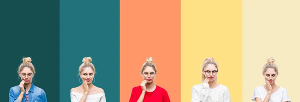 Collage Young Beautiful Blonde Woman Vivid Colorful Vintage Stripes Isolated — Stock Photo, Image