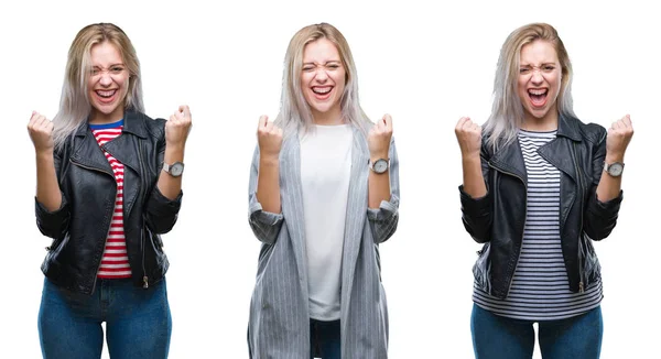 Collage Van Mooie Blonde Jonge Vrouw Dragen Jas Geïsoleerde Achtergrond — Stockfoto