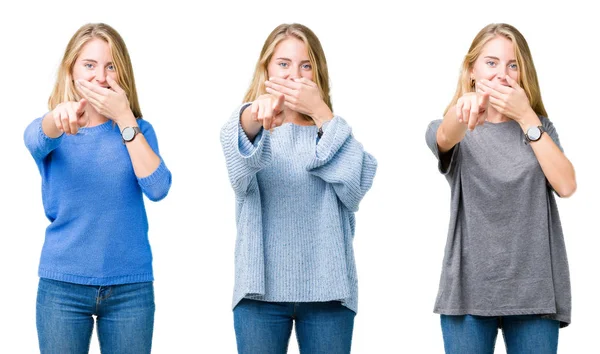 Collage Hermosa Mujer Rubia Sobre Fondo Blanco Aislado Riéndose Apuntando — Foto de Stock