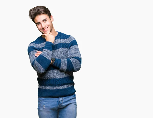 Young Handsome Man Isolated Background Looking Confident Camera Smile Crossed — Stock Photo, Image