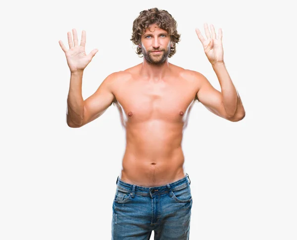 Pohledný Hispánský Model Muž Sexy Košili Izolované Pozadí Zobrazení Ukázal — Stock fotografie