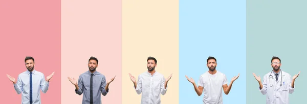 Renkli Çizgili Yakışıklı Adam Kolaj Arka Plan Clueless Şaşkın Bir — Stok fotoğraf