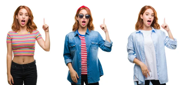 Collage Young Beautiful Redhead Woman Isolated Background Pointing Finger Successful — Stock Photo, Image