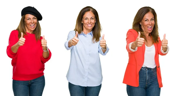 Коллаж Красивой Женщины Среднего Возраста Белом Изолированном Фоне Одобряющий Позитивный — стоковое фото
