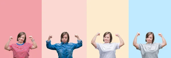 Collage Syndrome Woman Colorful Stripes Isolated Background Showing Arms Muscles — Stock Photo, Image