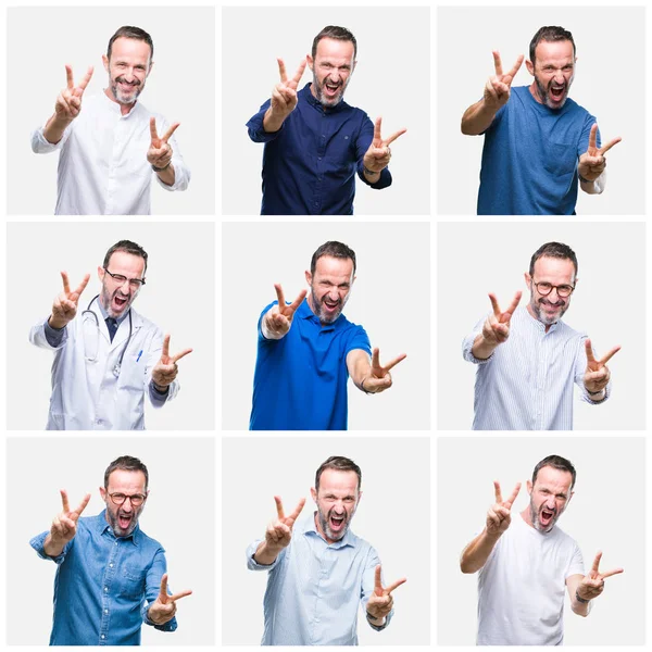 Koláž Vyšších Otřepané Elegantní Muž Bílé Izolované Pozadí Usmívající Dívá — Stock fotografie