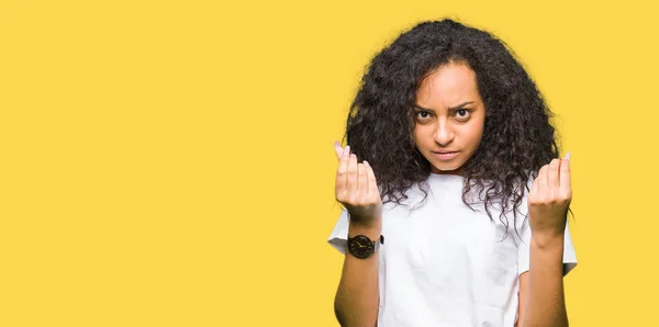 Young Beautiful Girl Curly Hair Wearing Casual White Shirt Doing — Stock Photo, Image