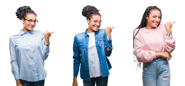 Collage Vackra Flätade Hår Afroamerikanska Kvinnan Över Isolerade Bakgrund Leende — Stockfoto