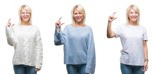 Collage Vacker Blond Kvinna Iförd Vinter Tröja Över Isolerade Bakgrund — Stockfoto