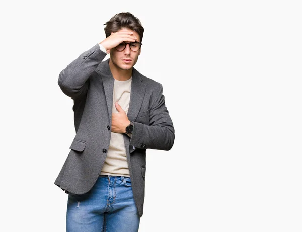 Νέοι Επαγγελματίες Άνθρωπος Φορώντας Γυαλιά Πάνω Από Απομονωμένες Φόντο Αγγίζοντας — Φωτογραφία Αρχείου