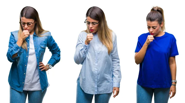 年轻美女在孤立的背景下戴眼镜的拼贴感觉不舒服 咳嗽为感冒或支气管炎的症状 医疗理念 — 图库照片