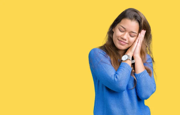 Young Beautiful Brunette Woman Wearing Blue Sweater Isolated Background Sleeping — Stock Photo, Image