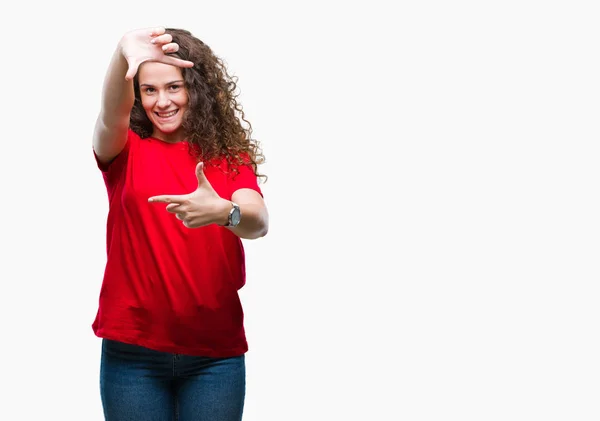 Mooie Brunette Krullend Haar Jong Meisje Dragen Casual Kijkt Geïsoleerde — Stockfoto