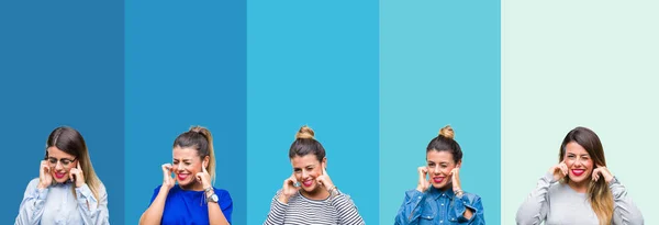 Collage Young Beautiful Woman Blue Stripes Background Covering Ears Fingers — Stock Photo, Image