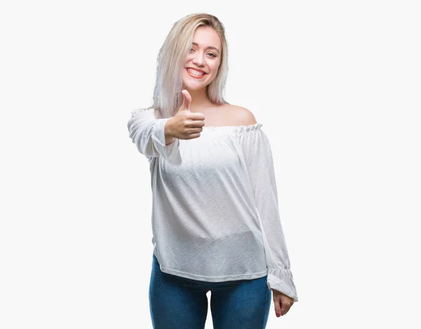 Young Blonde Woman Isolated Background Doing Happy Thumbs Gesture Hand — Stock Photo, Image