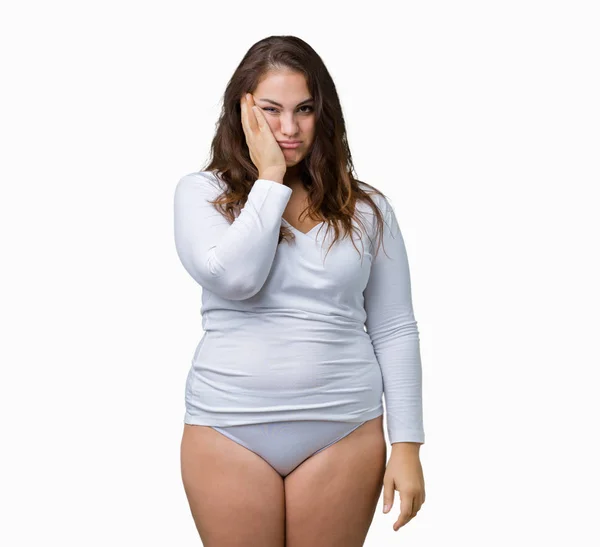 Schöne Size Junge Übergewichtige Frau Trägt Weiße Unterwäsche Über Isoliertem — Stockfoto