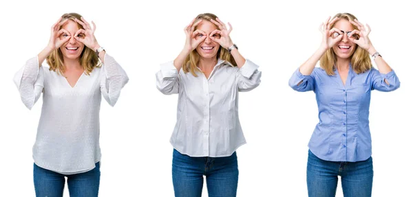 Collage Hermosa Mujer Negocios Rubia Sobre Fondo Blanco Aislado Haciendo —  Fotos de Stock