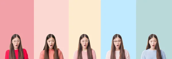 Güzel Asyalı Kadın Üzerinde Renkli Çizgili Izole Arka Plan Korkuyor — Stok fotoğraf