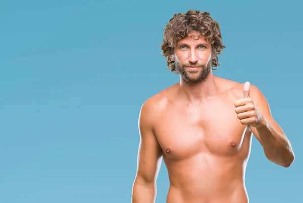 Handsome Hispanic Model Man Sexy Shirtless Isolated Background Doing Happy — Stock Photo, Image
