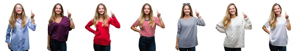 Коллаж Молодой Красивой Блондинки Изолированном Фоне Показывая Показывая Пальцем Номер — стоковое фото