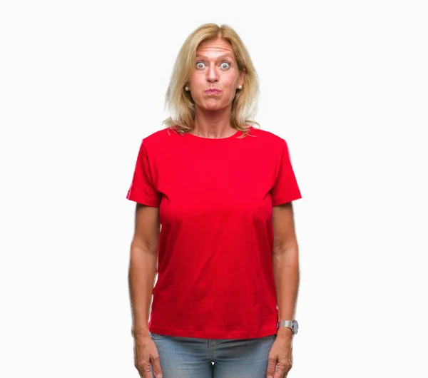 Blonde Vrouw Van Middelbare Leeftijd Geïsoleerde Achtergrond Puffend Wangen Met — Stockfoto