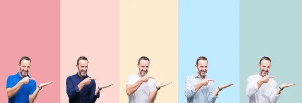 Colagem Homem Bonito Hoary Sênior Sobre Listras Coloridas Fundo Isolado — Fotografia de Stock