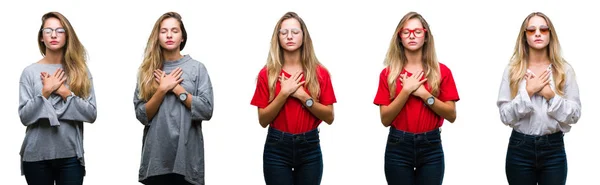 Collage Joven Hermosa Mujer Rubia Sobre Fondo Aislado Sonriendo Con —  Fotos de Stock